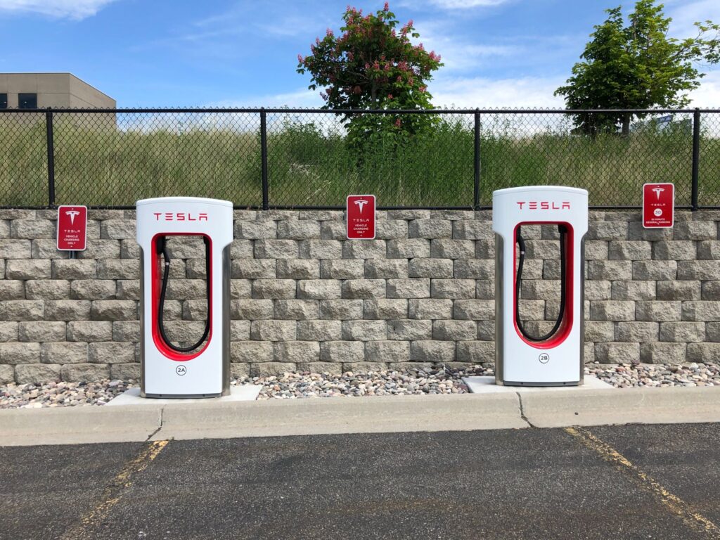 tesla chargers in a parking lot